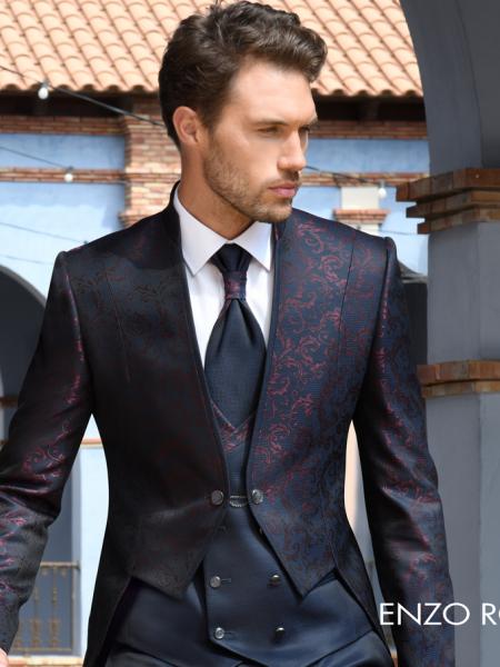 Costume de mariage col mao marine et bordeaux ENZO ROMANO