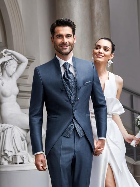 Costume de mariage col mao bleu gris