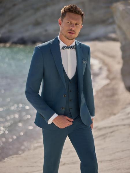 Costume de mariage Empire du marié bleu canard 4 pièces