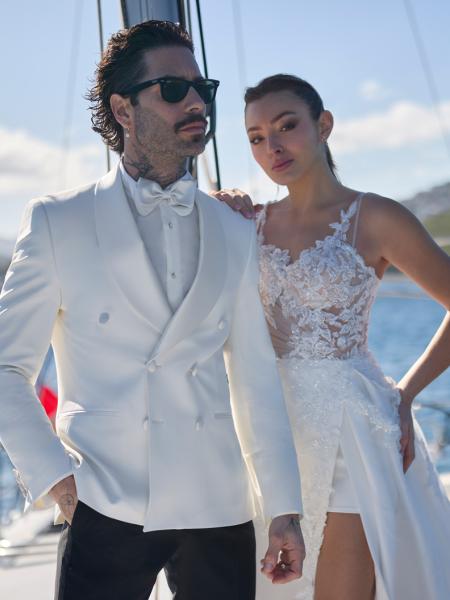 smoking croisé blanc naturel et noir Emlprire du marié