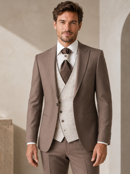 Costume de mariage homme marron taupe Lino Clemente avec gilet ivoire jacquard