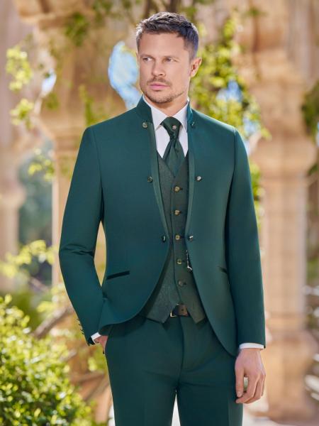Costume de mariage homme vert profond Rhodes à col officier – L’Empire du Marié