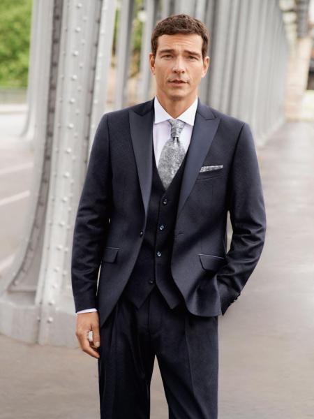 Smoking de mariage homme bleu nuit 3 pièces DIGEL à revers satinés