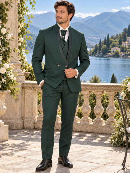 Costume de mariage vert Enzo Romano à col officier croisé