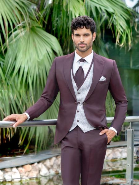 Costume de mariage bordeaux prune Enzo Romano 5 pièces