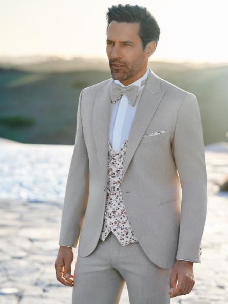 Costume de mariage homme sable PAMPELONNE L’Empire du Marié avec gilet réversible fleuri