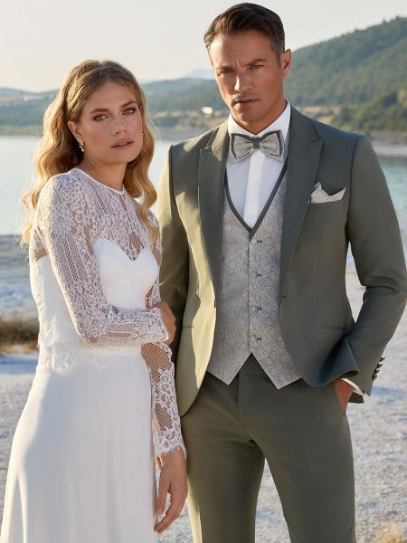 Costume de mariage PÉKIN vert kaki ADIMO avec gilet réversible