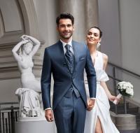 Costume de mariage col mao bleu gris