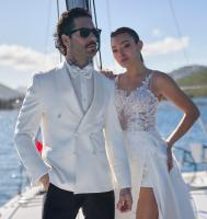 smoking croisé blanc naturel et noir Emlprire du marié