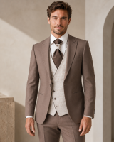 Costume de mariage homme marron taupe Lino Clemente avec gilet ivoire jacquard